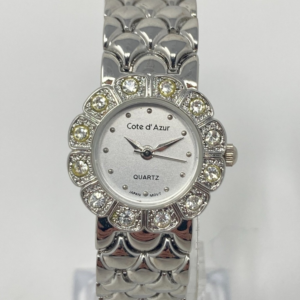 Cote d'Azur Women's Watch Flower 24mm Silver Tone Crystals Bling New Battery 7"